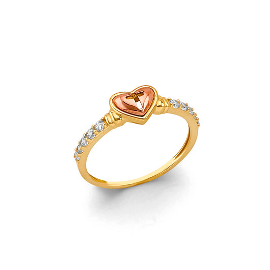 14K Two-Tone Gold Heart Cross CZ Ring