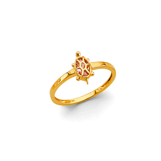 14K Yellow Gold Turtle Children's Ring  with Pink Enamel