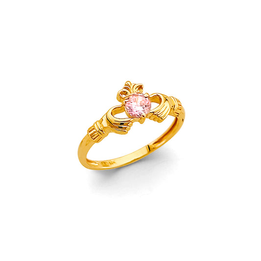 14K Yellow Gold Claddagh Children's Ring  with Synthetic Pink Stone