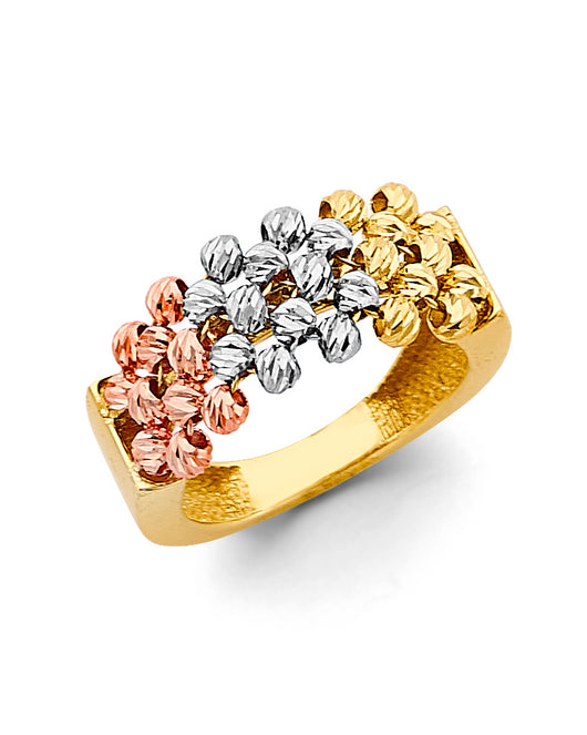 14K Tri-Color Gold Women's Diamond-Cut Bead Design Ring