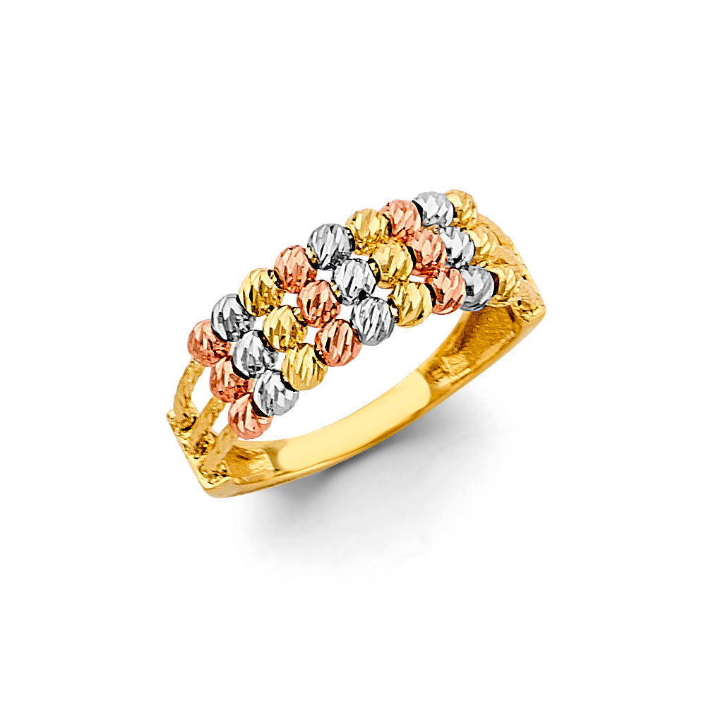 14K Tri-Color Gold Women's Diamond-Cut Bead Cluster Ring