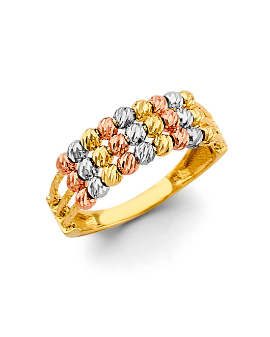 14K Tri-Color Gold Women's Diamond-Cut Bead Cluster Ring