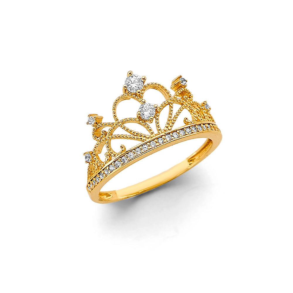 14K Yellow Gold Women's Crown Filigree CZ Ring