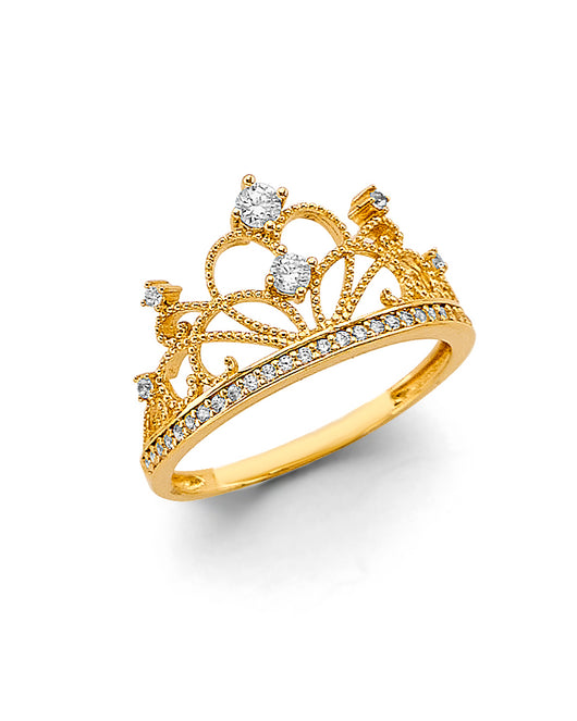 14K Yellow Gold Women's Crown Filigree CZ Ring