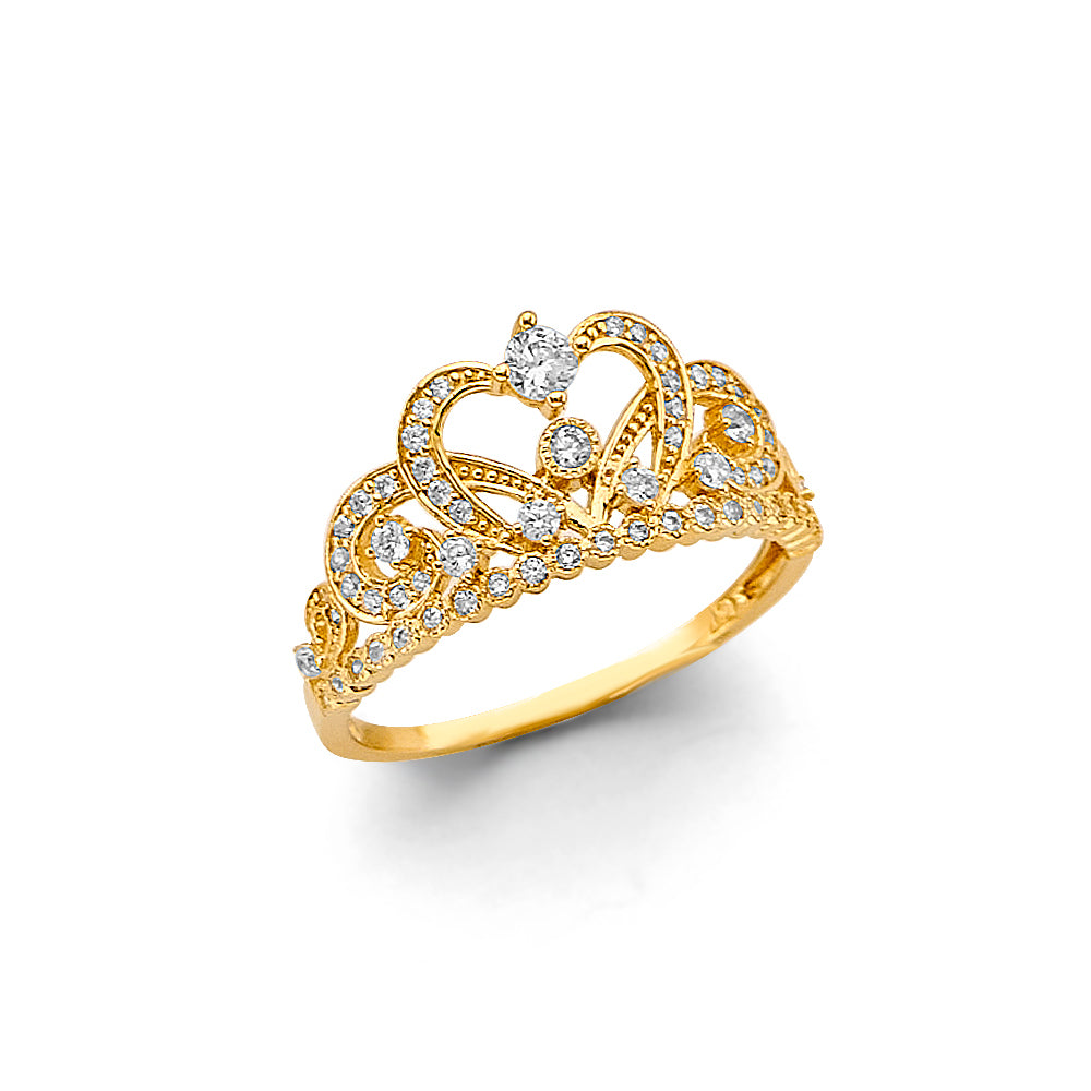 14K Yellow Gold Women's Heart Crown CZ Ring