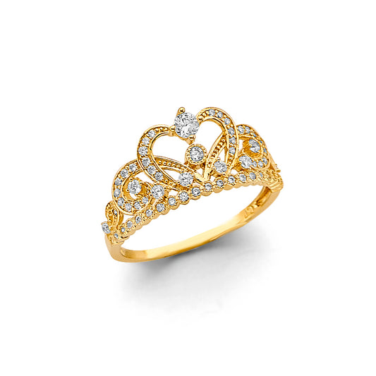 14K Yellow Gold Women's Heart Crown CZ Ring