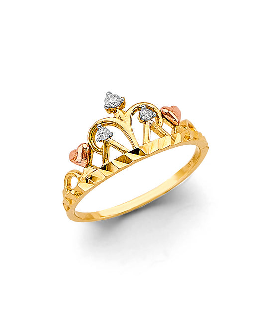14K Yellow Gold Women's Two-Tone Crown Design CZ Ring