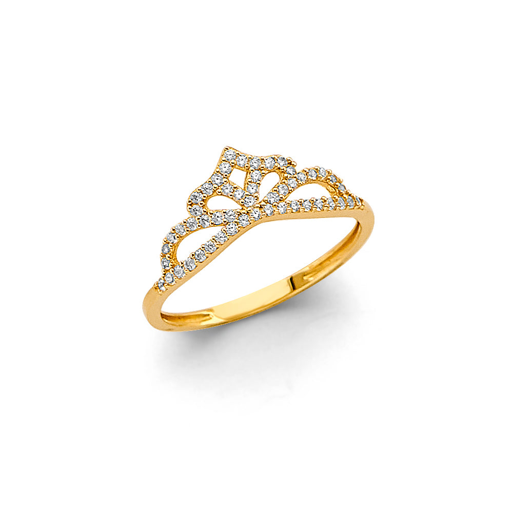 14K Yellow Gold Women's Crown Filigree Design CZ Ring