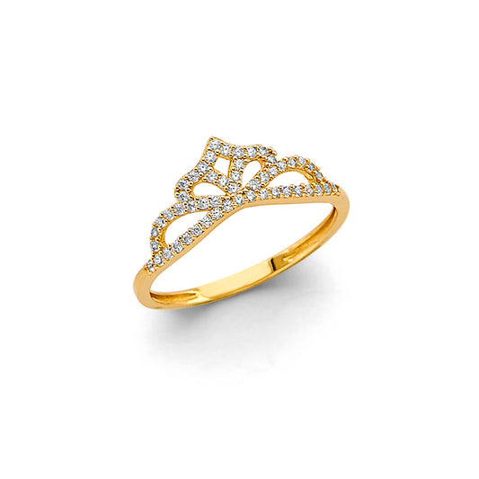 14K Yellow Gold Women's Crown Filigree Design CZ Ring