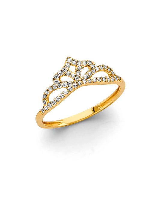 14K Yellow Gold Women's Crown Filigree Design CZ Ring