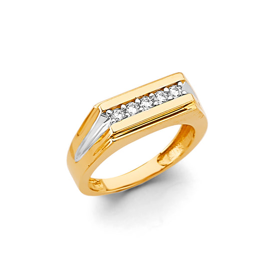 14K Two-Tone Geometric Design Ring with Cubic Zirconia Designed for Men, Women, Teen, and Children