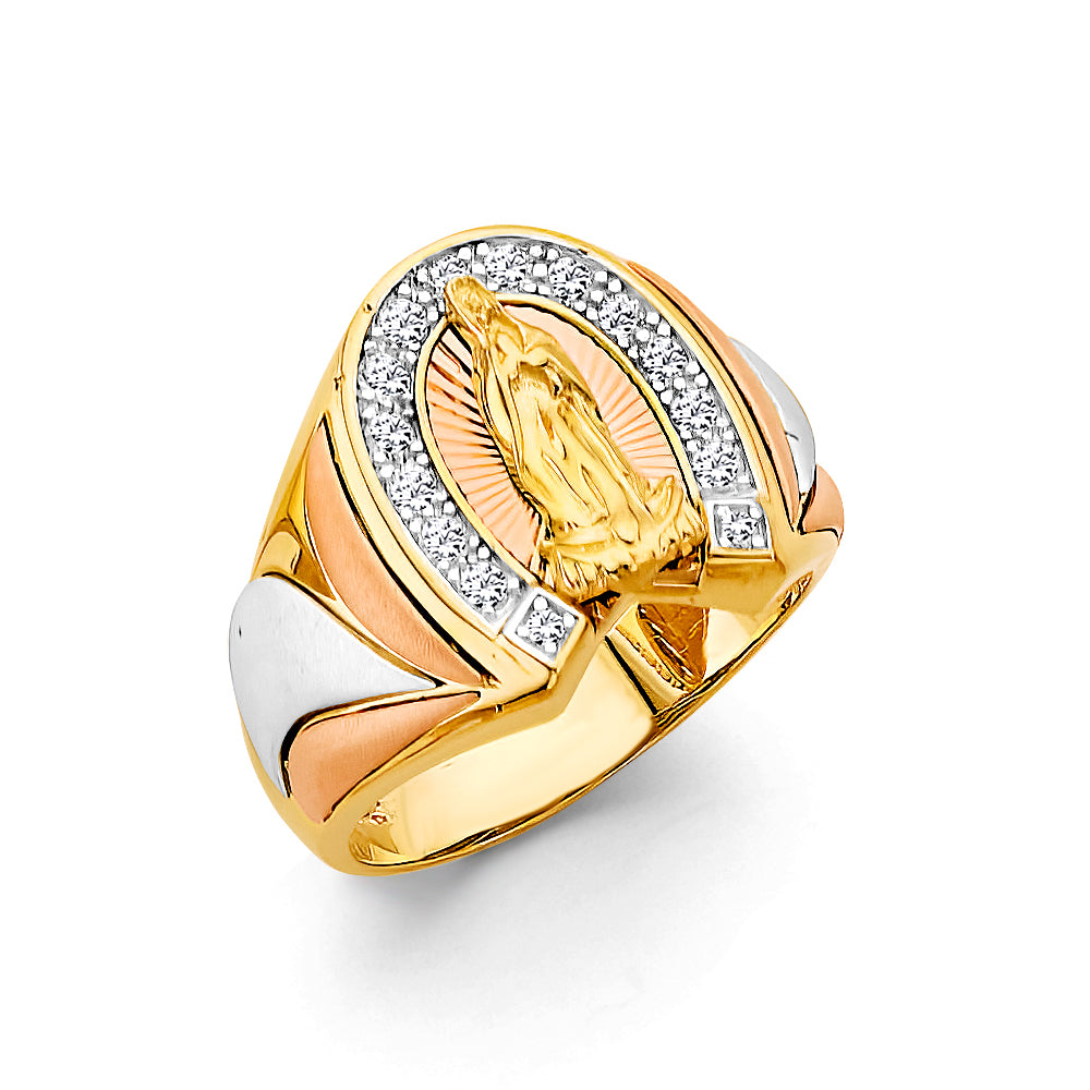 14K Tri-Color Gold Men's Virgin Mary CZ Ring