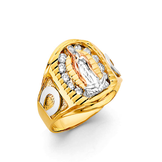 14K Tri-Color Gold Men's Virgin Mary CZ Ring