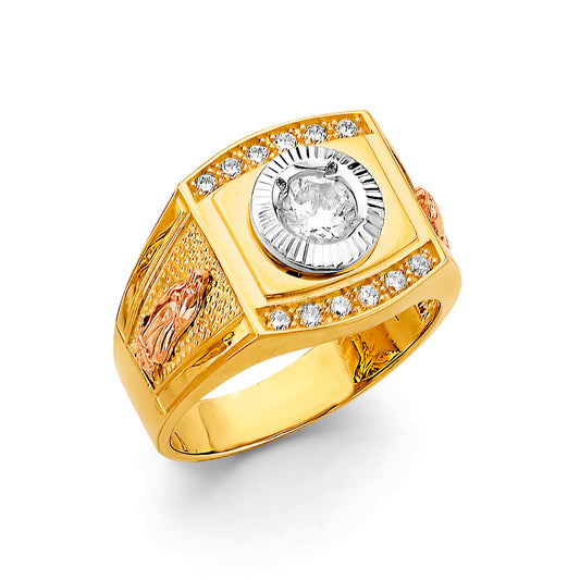 14K Tri-Color Gold Virgin Mary Design Men’s CZ Ring