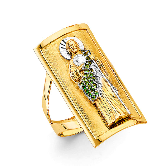 14K Two-Tone Gold Men’s Saint Jude Design Ring with Green CZ