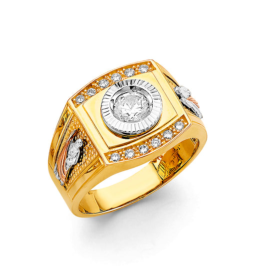14K Tri-Color Gold Men’s San Judas Design Ring with CZ