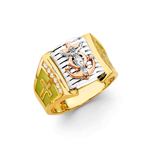14K Tri-Color Gold Men's Crucifix & Anchor Design Ring with CZ Accents