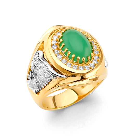 14K Two-Tone Gold Men’s Eagle Design Green Stone CZ Ring