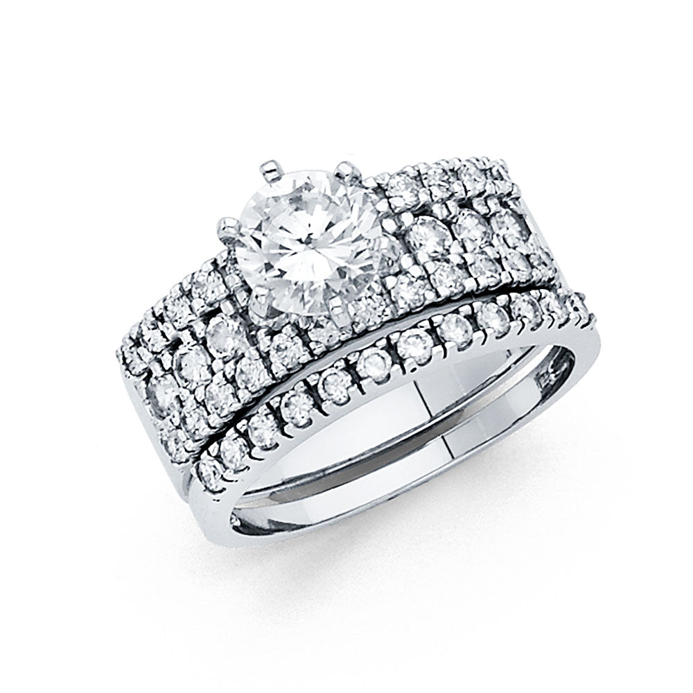 14K White Gold Women’s Solitaire Design Round CZ Ring with Matching CZ Wedding Band