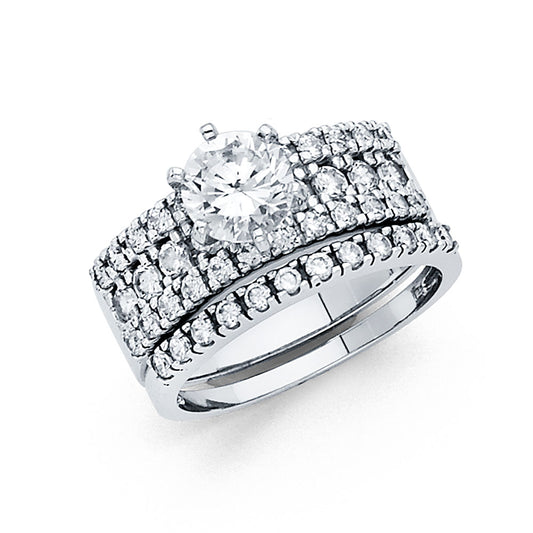 14K White Gold Women’s Solitaire Design Round CZ Ring with Matching CZ Wedding Band
