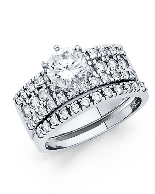 14K White Gold Women’s Solitaire Design Round CZ Ring with Matching CZ Wedding Band