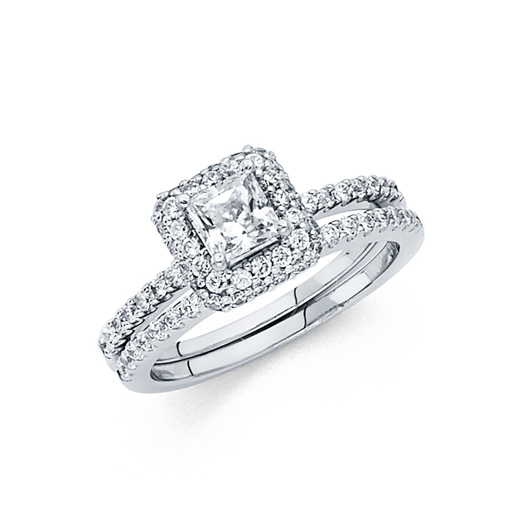 14K White Gold Princess Cut Halo CZ 2-Piece Wedding Band Set
