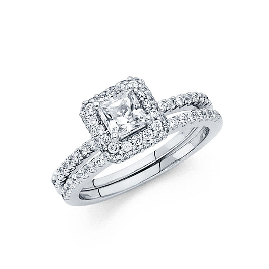 14K White Gold Princess Cut Halo CZ 2-Piece Wedding Band Set