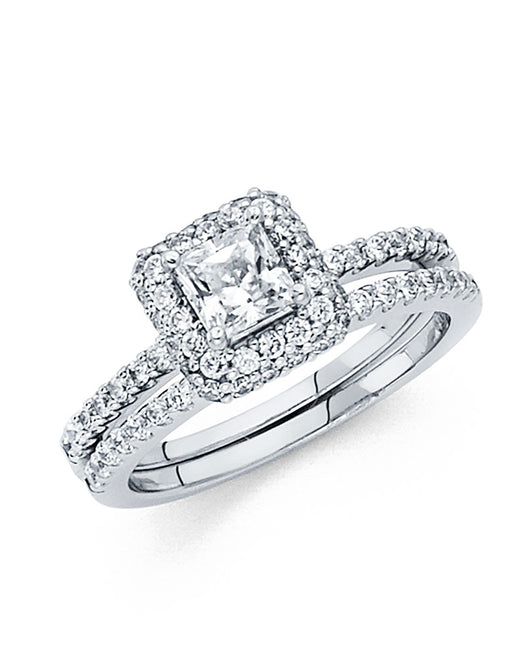 14K White Gold Princess Cut Halo CZ 2-Piece Wedding Band Set