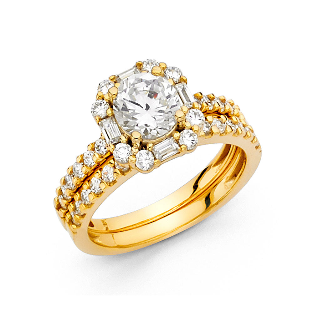 14K Yellow Gold Halo CZ 2-Piece Bridal Ring Set