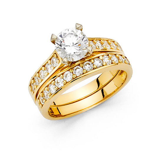 14K Yellow Gold Round Center CZ 2-Piece Wedding Band Set