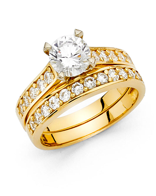 14K Yellow Gold Round Center CZ 2-Piece Wedding Band Set