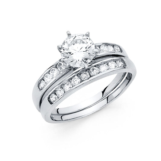 14K White Gold Women’s 2-Piece Solitaire Design CZ Ring Set with Channel-Set Side CZ