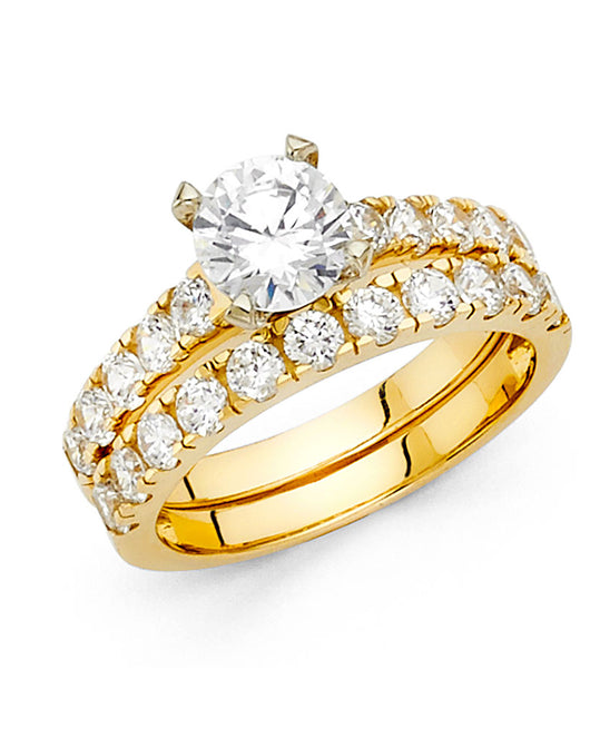 14K Yellow Gold 2-Piece 14K Wedding Band Set Round Center CZ with Pave CZ Accents