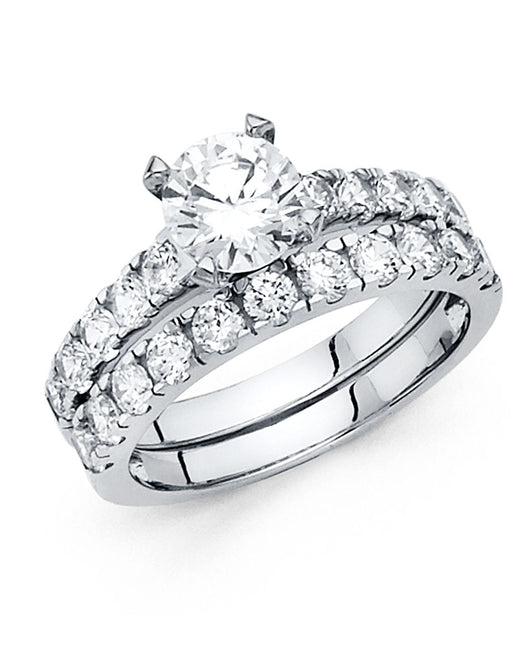 14K White Gold 2-Piece 14K Wedding Band Set Round Center CZ with Pave CZ Accents