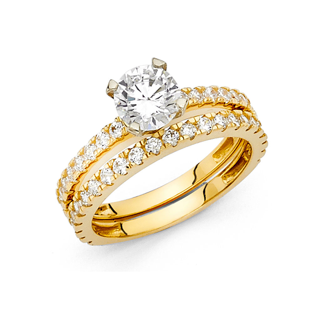 14K Yellow Gold Round Solitaire CZ 2-Piece Wedding Band Set