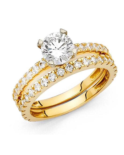 14K Yellow Gold Round Solitaire CZ 2-Piece Wedding Band Set