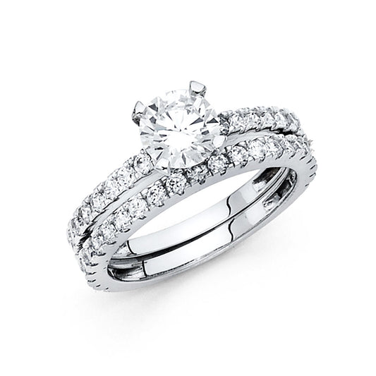 14K White Gold Round Solitaire CZ 2-Piece Wedding Band Set