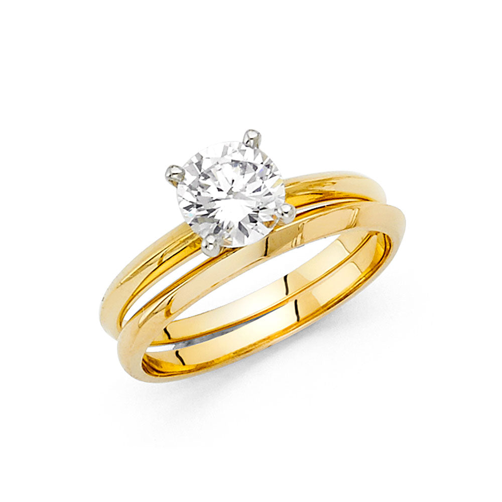 14K Yellow Gold Women’s Solitaire Design Round CZ Ring with Matching Wedding Band