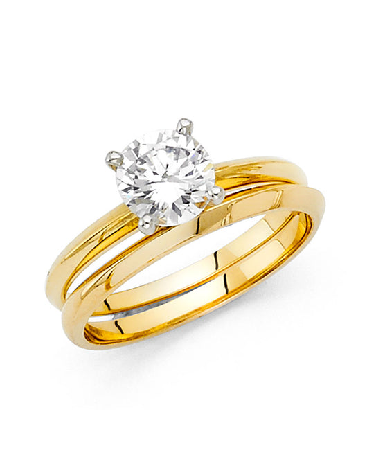14K Yellow Gold Women’s Solitaire Design Round CZ Ring with Matching Wedding Band