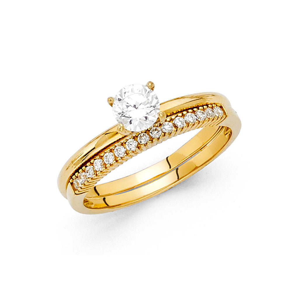 14K Yellow Gold 2-Piece 14K Wedding Band Set Round Center CZ with Channel CZ Accents