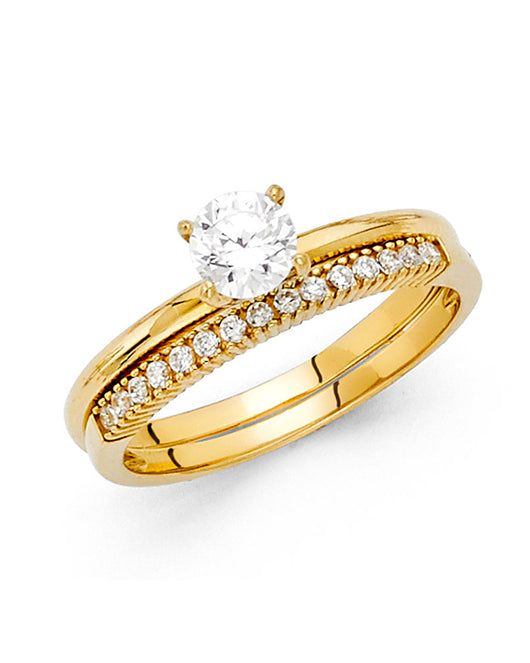 14K Yellow Gold 2-Piece 14K Wedding Band Set Round Center CZ with Channel CZ Accents