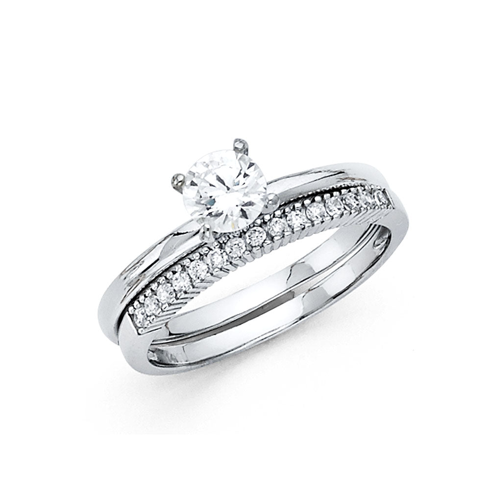 14K White Gold 2-Piece 14K Wedding Band Set Round Center CZ with Channel CZ Accents