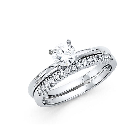14K White Gold 2-Piece 14K Wedding Band Set Round Center CZ with Channel CZ Accents