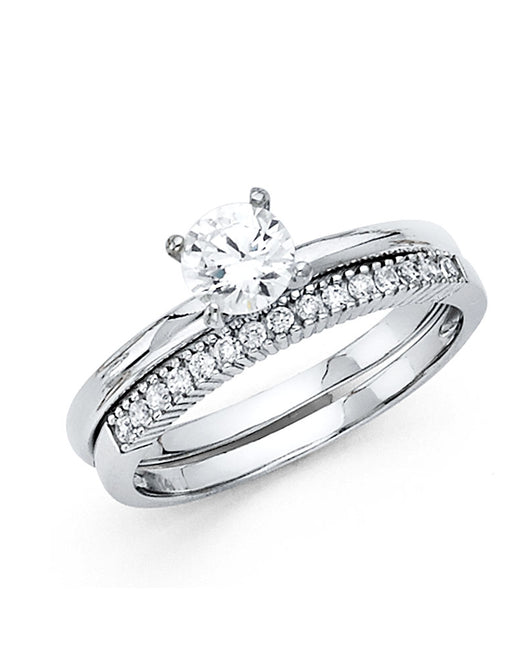 14K White Gold 2-Piece 14K Wedding Band Set Round Center CZ with Channel CZ Accents
