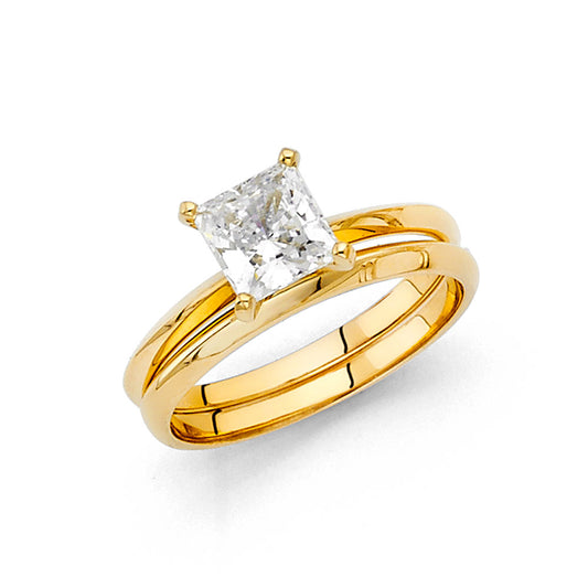 14K Yellow Gold Women’s Solitaire Design Princess Cut CZ Ring with Plain Wedding Band