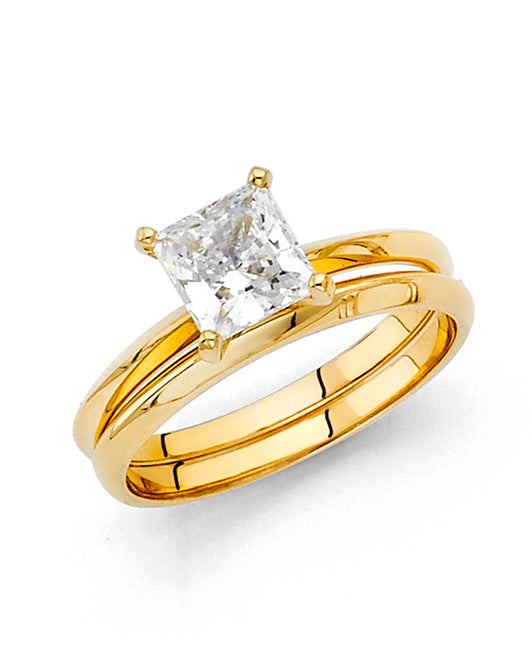 14K Yellow Gold Women’s Solitaire Design Princess Cut CZ Ring with Plain Wedding Band