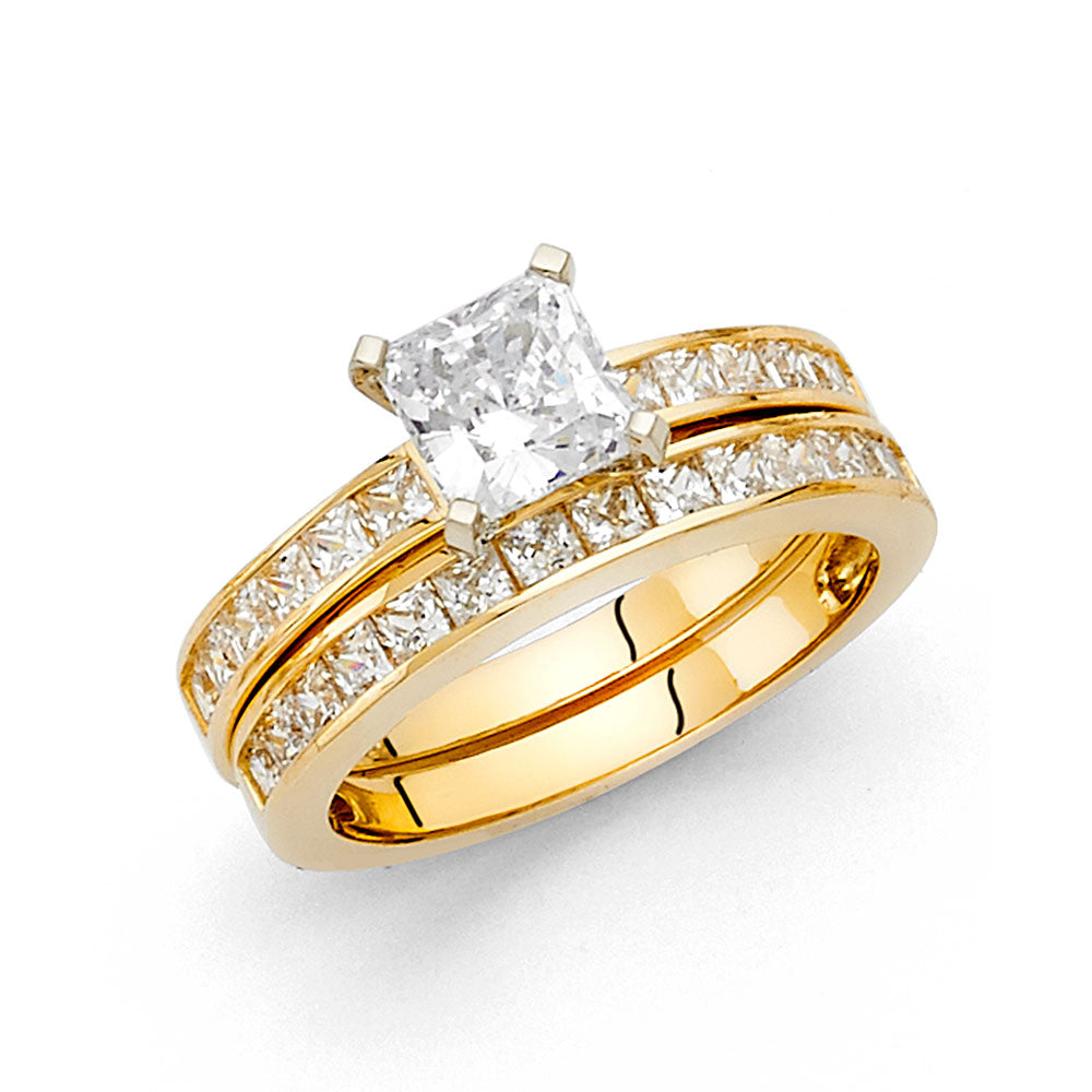 14K Yellow Gold Women’s Solitaire Design Princess Cut CZ Ring with Matching Wedding Band