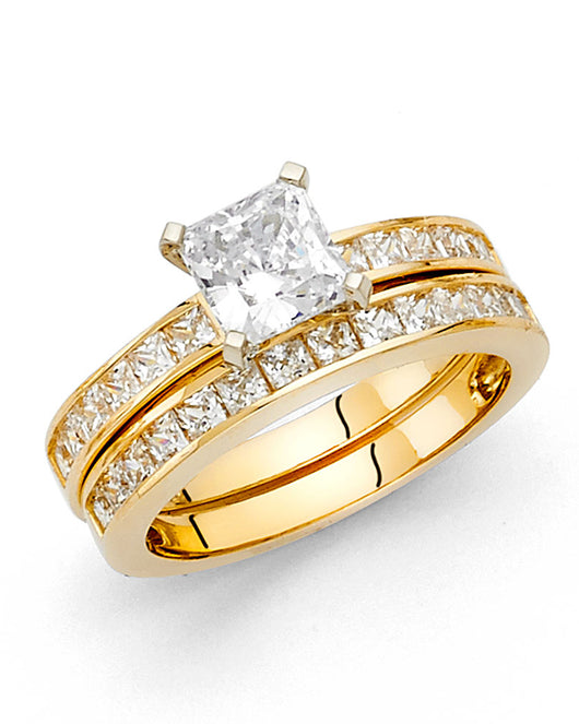 14K Yellow Gold Women’s Solitaire Design Princess Cut CZ Ring with Matching Wedding Band