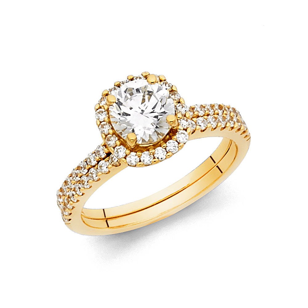 14K Yellow Gold Round Halo CZ 2-Piece Wedding Band Set