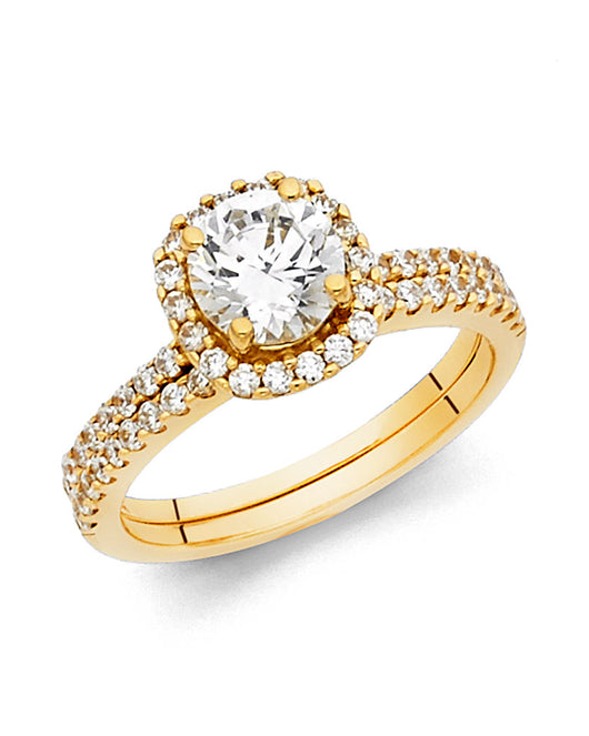 14K Yellow Gold Round Halo CZ 2-Piece Wedding Band Set